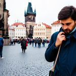 A discreet traveler in a smart, modest jacket and professional trousers, standing attentively in a bustling European city square, subtly adjusting a cross-body bag worn under their jacket. The background features the historic architecture of Prague's Old Town Square, with blurred figures of people indicating a busy tourist area. The traveler's expression is focused and aware, demonstrating vigilance. Perfect anatomy, correct proportions, natural pose, well-formed hands, proper finger count, natural body proportions, professional photography, high quality, safe for work, appropriate content, fully clothed, modest clothing, family-friendly.