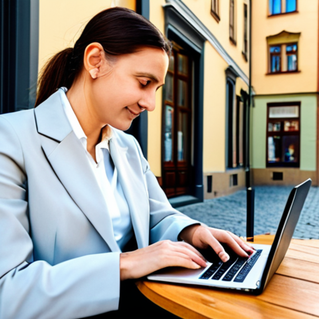 A professional adult woman, fully clothed in a modest business casual outfit with a blazer and trousers, sitting at a polished wooden table in a modern, sunlit cafe in Prague. She is focused on her laptop, with a coffee cup beside it. The background shows a blurred, vibrant city street with a hint of historic Czech architecture, suggesting high-speed connectivity. Safe for work, appropriate content, professional dress, perfect anatomy, correct proportions, natural pose, well-formed hands, proper finger count, natural body proportions, professional photography, high quality.