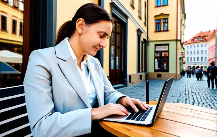 A professional adult woman, fully clothed in a modest business casual outfit with a blazer and trousers, sitting at a polished wooden table in a modern, sunlit cafe in Prague. She is focused on her laptop, with a coffee cup beside it. The background shows a blurred, vibrant city street with a hint of historic Czech architecture, suggesting high-speed connectivity. Safe for work, appropriate content, professional dress, perfect anatomy, correct proportions, natural pose, well-formed hands, proper finger count, natural body proportions, professional photography, high quality.
