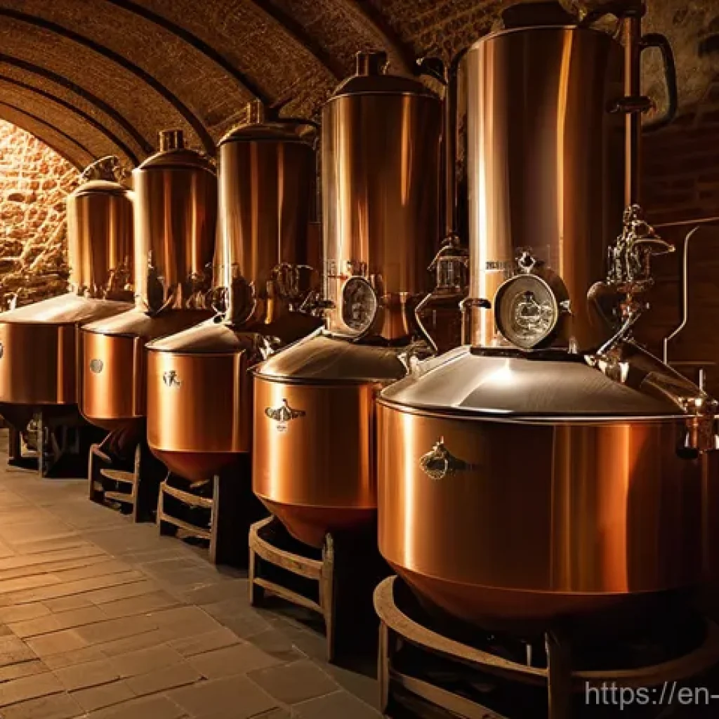필스너 우르켈 공장 견학 - The scene is dominated by massive, gleaming copper kettles, some bubbling gently with steam, showcas...
