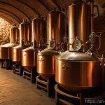필스너 우르켈 공장 견학 - The scene is dominated by massive, gleaming copper kettles, some bubbling gently with steam, showcas...