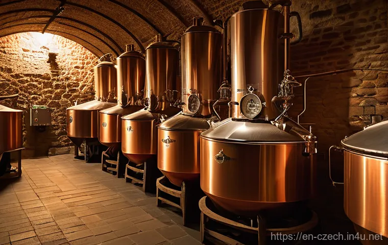필스너 우르켈 공장 견학 - The scene is dominated by massive, gleaming copper kettles, some bubbling gently with steam, showcas...