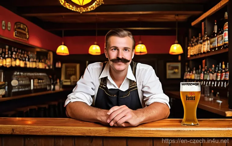 체코 맥주 투어 - **Prompt: Authentic Prague Hospoda Evening**
    "A cozy, dimly lit traditional Czech hospoda (local...