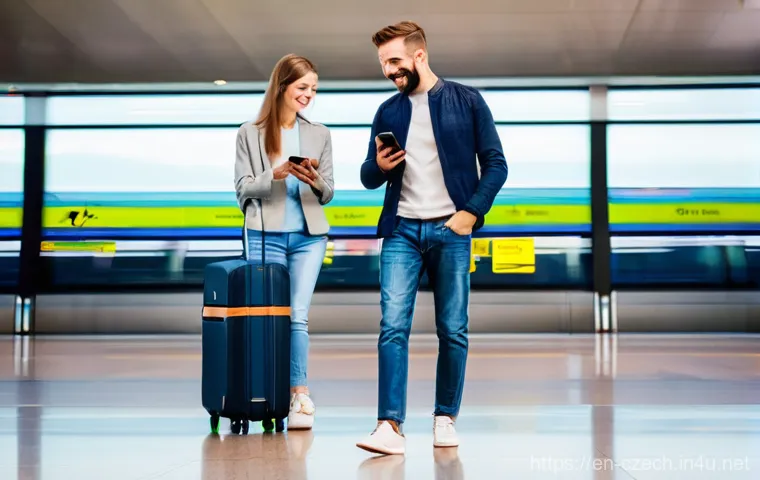 체코에서 국제 전화 이용법 - **Prompt 1: Prague Arrival - Seamless Connection**
    A diverse adult traveler, dressed in stylish ...