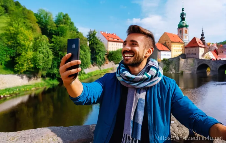 체코에서 국제 전화 이용법 - **Prompt 2: eSIM Activation in a Historic Cafe**
    A young adult traveler, casually dressed in a s...
