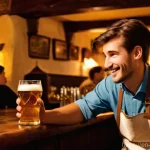 체코의 맥주 문화 - **Prompt:** A cozy, dimly lit traditional Czech "hospoda" in Prague. A young adult (gender-neutral, ...