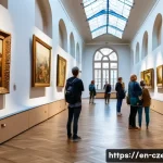 체코와 프랑스 문화 교류 - A vibrant art gallery scene in Prague featuring a diverse group of artists and visitors admiring lar...