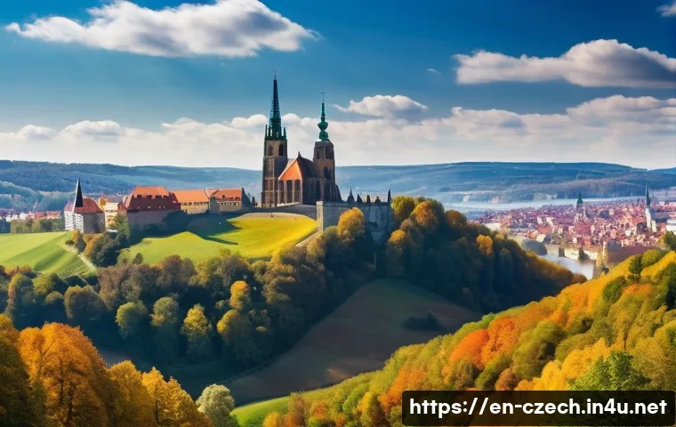 보헤미아와 모라비아의 차이 - A panoramic view of Bohemia’s rolling hills during autumn, showcasing gently undulating green and go...