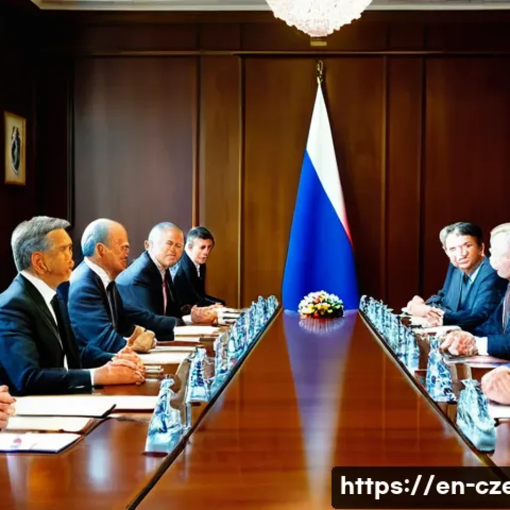 체코와 러시아의 외교 갈등 - A tense diplomatic meeting room scene depicting Czech and Russian officials seated across a large po...