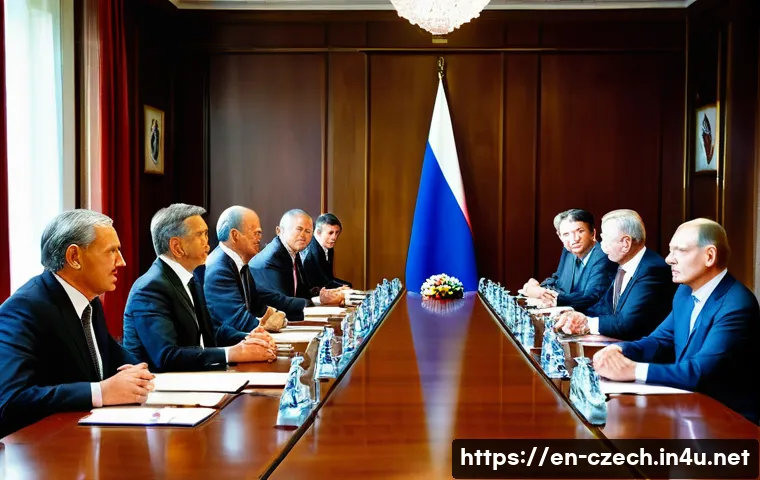 체코와 러시아의 외교 갈등 - A tense diplomatic meeting room scene depicting Czech and Russian officials seated across a large po...