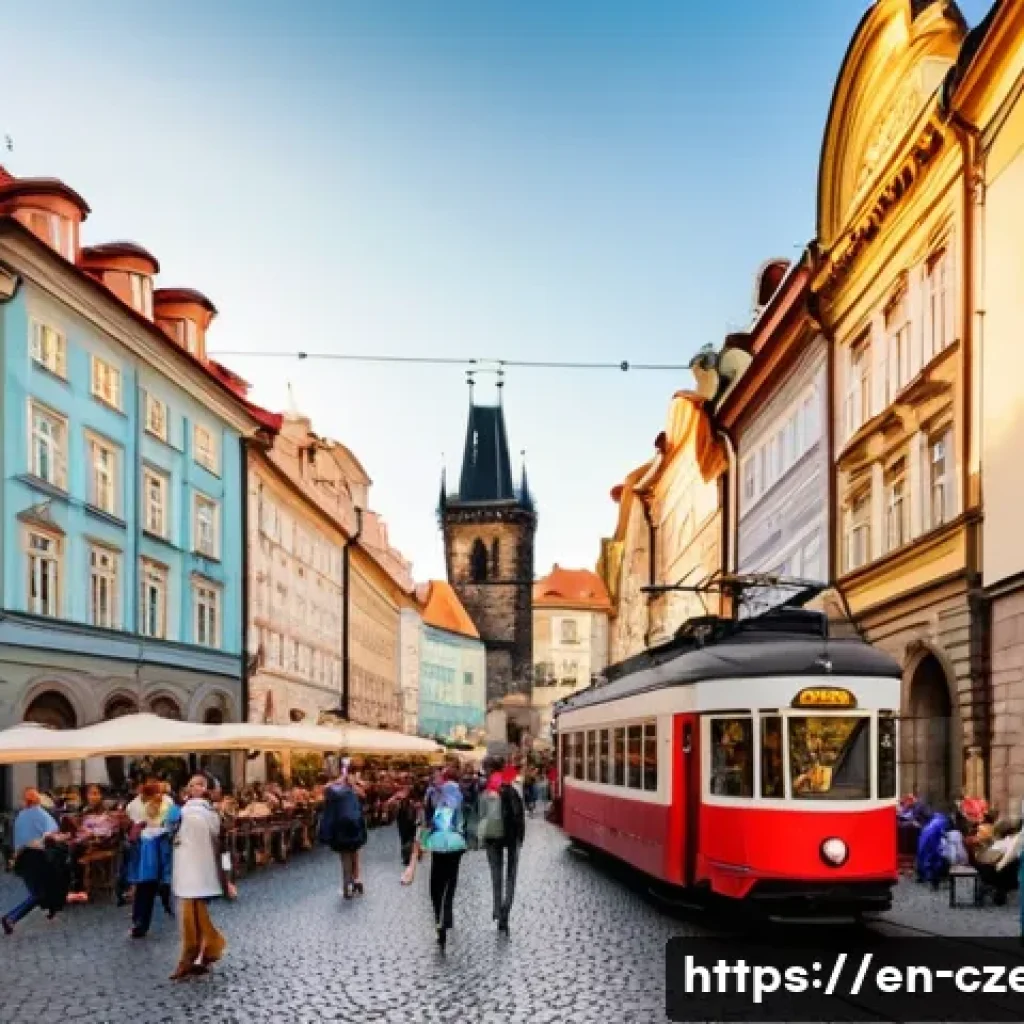 체코의 월세 및 부동산 가격 - A vibrant urban street scene in Prague’s Old Town during golden hour, showcasing historic architectu...