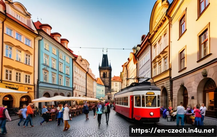 체코의 월세 및 부동산 가격 - A vibrant urban street scene in Prague’s Old Town during golden hour, showcasing historic architectu...