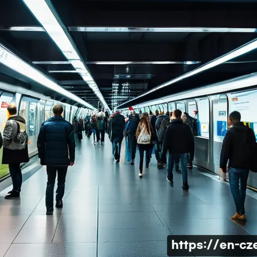 체코의 주요 테러 사건 - A detailed urban scene inside a busy Prague metro station during rush hour, showing modern security ...