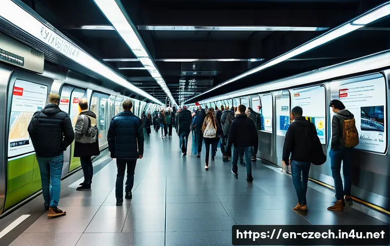 체코의 주요 테러 사건 - A detailed urban scene inside a busy Prague metro station during rush hour, showing modern security ...