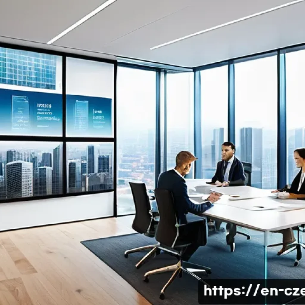 체코의 법률 개정 이슈 - A modern digital real estate office scene showing a diverse group of professionals—both men and wome...