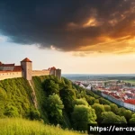 브르노의 역사적 명소 - A panoramic view of Brno’s medieval fortifications featuring the massive stone walls of Castle Špilb...