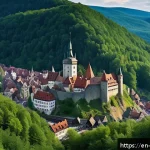 체코 왕국의 형성 - A panoramic medieval scene of Bohemia’s strategic geography showcasing a bustling trade crossroads s...