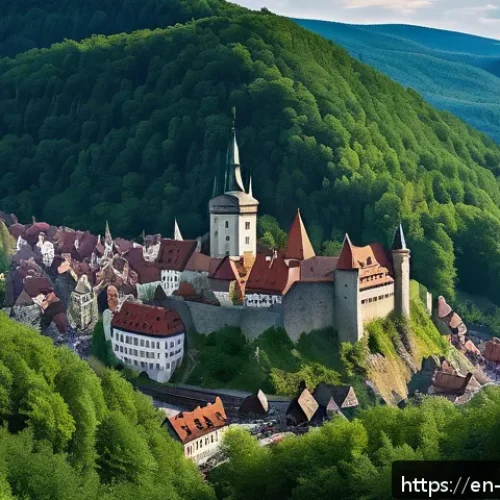 체코 왕국의 형성 - A panoramic medieval scene of Bohemia’s strategic geography showcasing a bustling trade crossroads s...