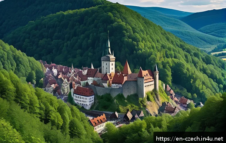 체코 왕국의 형성 - A panoramic medieval scene of Bohemia’s strategic geography showcasing a bustling trade crossroads s...