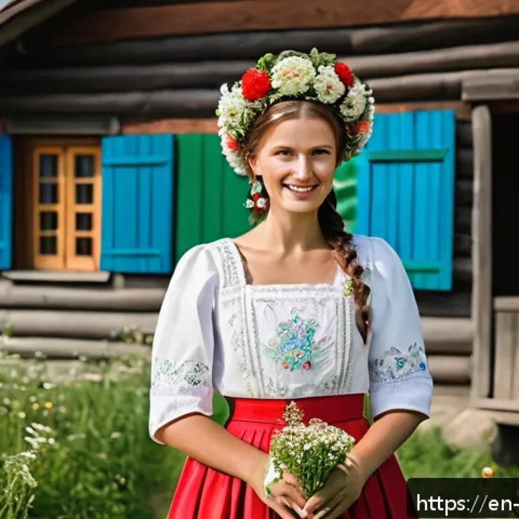 체코 전통 결혼식 - A traditional Czech bride standing outdoors in a picturesque Moravian village setting, wearing a ric...