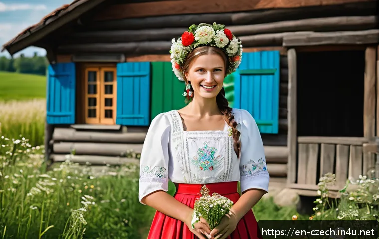 체코 전통 결혼식 - A traditional Czech bride standing outdoors in a picturesque Moravian village setting, wearing a ric...