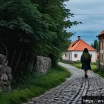 체코의 미해결 사건 - A somber rural Czech village at dusk, empty cobblestone streets lined with quaint houses under a clo...