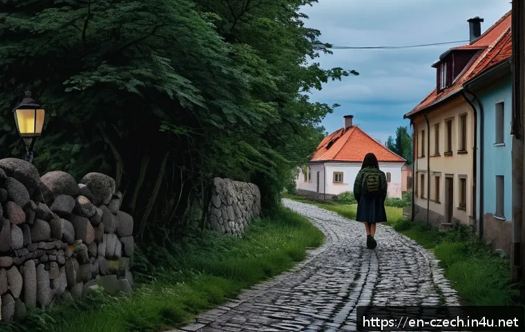 체코의 미해결 사건 - A somber rural Czech village at dusk, empty cobblestone streets lined with quaint houses under a clo...