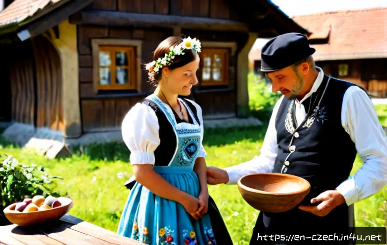 체코 전통과 문화 - Photorealistic Czech traditional culture scene in a sunlit Moravian village courtyard, an adult woma...